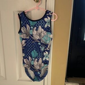 Plum Adult S Navy Floral One-Piece Leotard - White & Teal Flowers